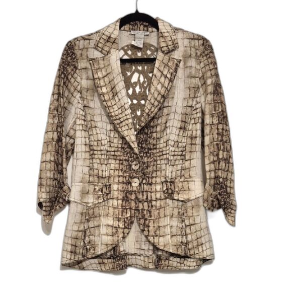 Alberto Makali Blazer Jacket 10 Brown 100% Linen Lace Pattern Notched Lapel - Picture 8 of 9